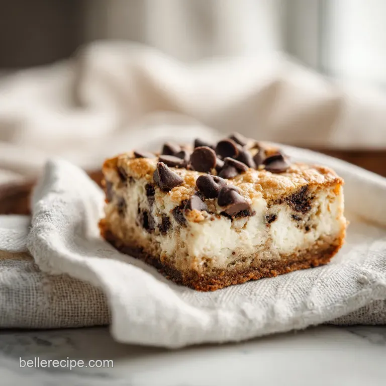 A single cheesecake bar, perfectly cut, showcasing a swirl of melted chocolate and a dusting of cocoa powder.