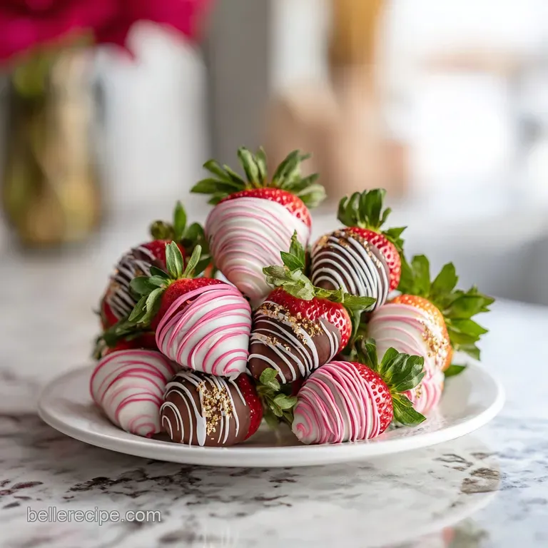 Elegant chocolate strawberries artfully displayed on a white plate, chocolate drizzles adding a touch of indulgence. Perfe...
