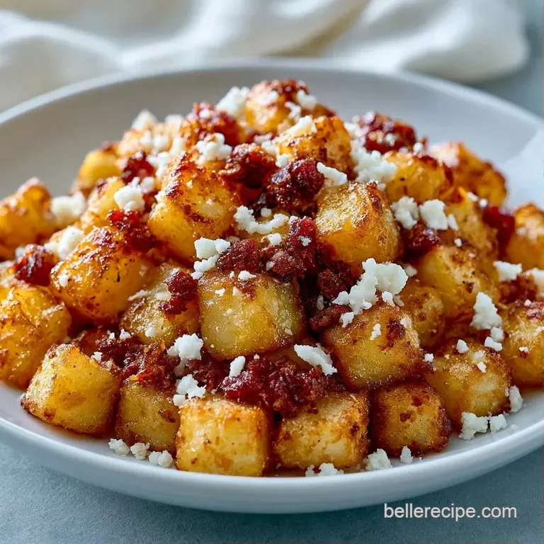 Golden potato cubes and sliced red chorizo artfully arranged on a white plate with a sprig of fresh green parsley.