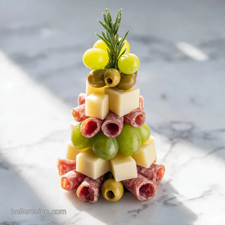 An overhead shot of a wooden platter featuring neatly layered green grapes and olives forming a holiday tree silhouette.