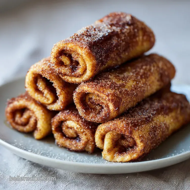Stack of glistening cinnamon roll-ups, artfully drizzled with syrup and sprinkled with sugar. Warm, inviting breakfast.