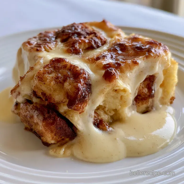 A square slice of golden pastry drizzled with cream on a white plate, garnished with a dusting of cinnamon powder.