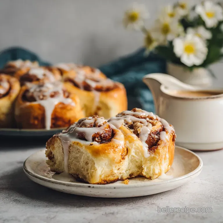 Elegant cinnamon roll on a white plate, showcasing its soft texture, glaze glistening invitingly, alongside a dusting of p...