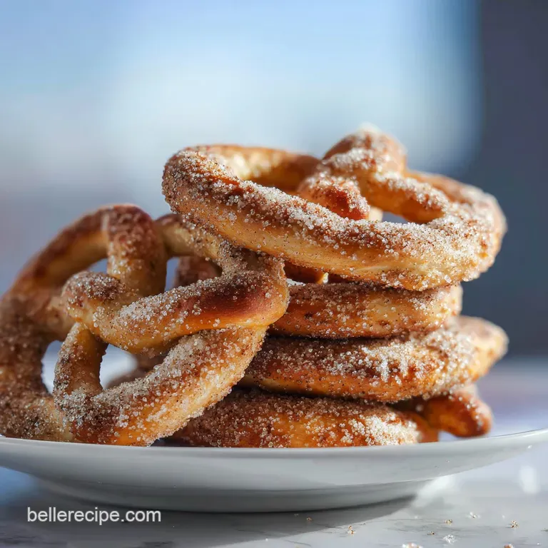 Warm, freshly baked pretzels drizzled with icing on a rustic plate, dusted with cinnamon. The scene evokes a comforting fe...