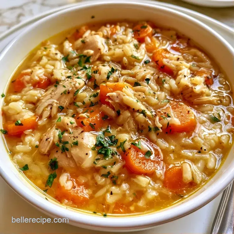 Elegant white bowl of steaming soup featuring tender chicken, soft rice, and bright carrots in a golden broth.