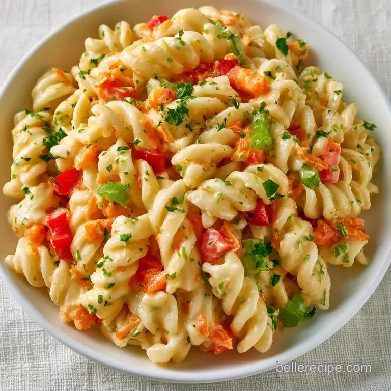 Chilled pasta tossed in a creamy sauce with colorful diced vegetables served in a wide ceramic white bowl.