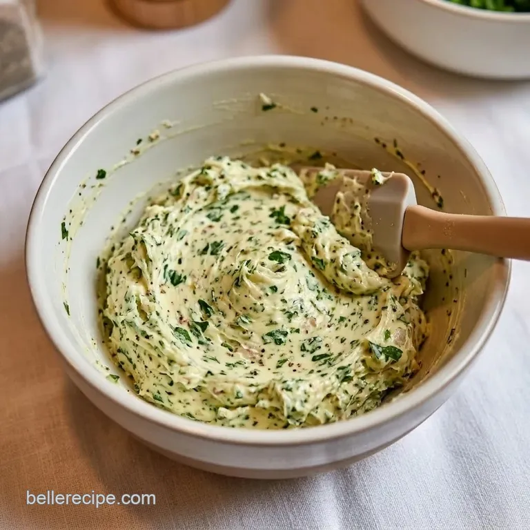 Pale green garlic and herb butter mixed in a bowl.