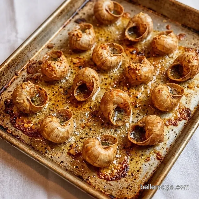 Baked escargot in shells with bubbling golden-brown garlic butter on a baking sheet.