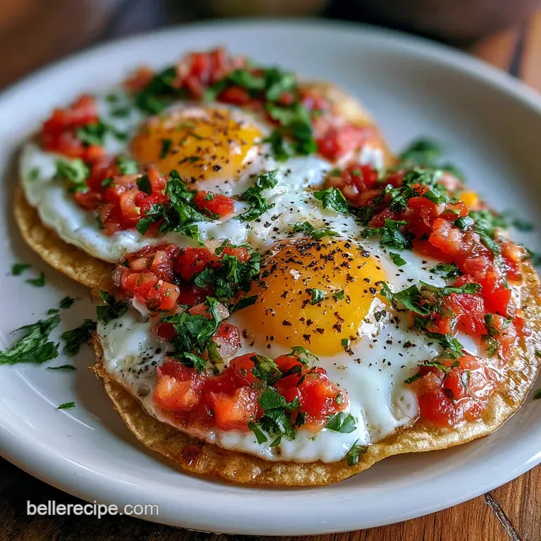 Sunny-side up eggs over red chili sauce on a rustic ceramic plate with sliced avocado and crumbled white cheese.