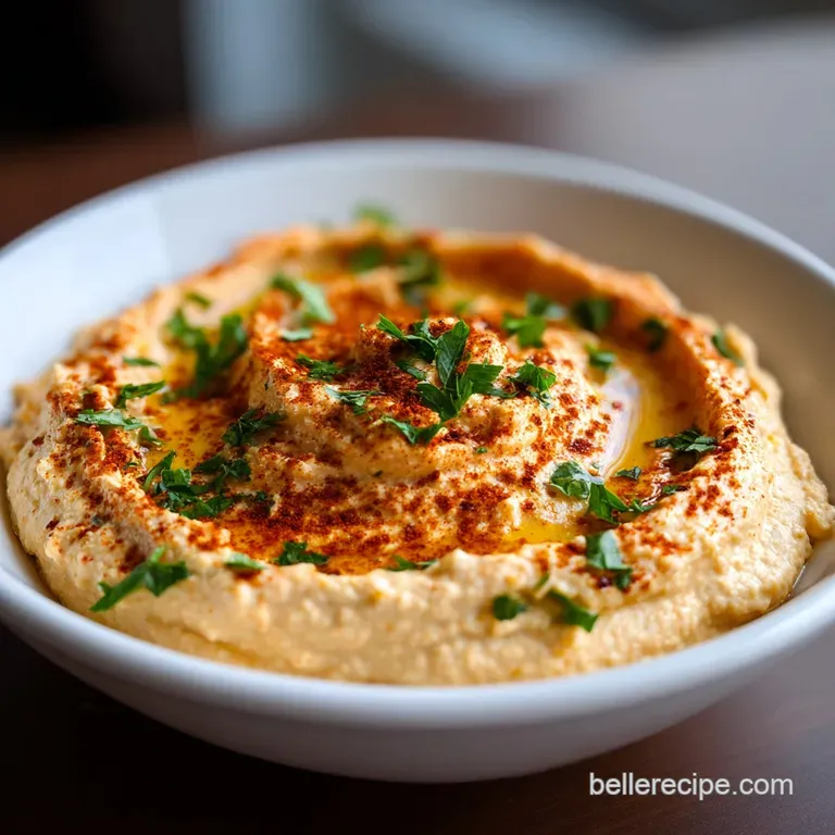 Creamy hummus spread on a plate, adorned with a bright green parsley sprig, glistening olive oil, and a scattering of whol...