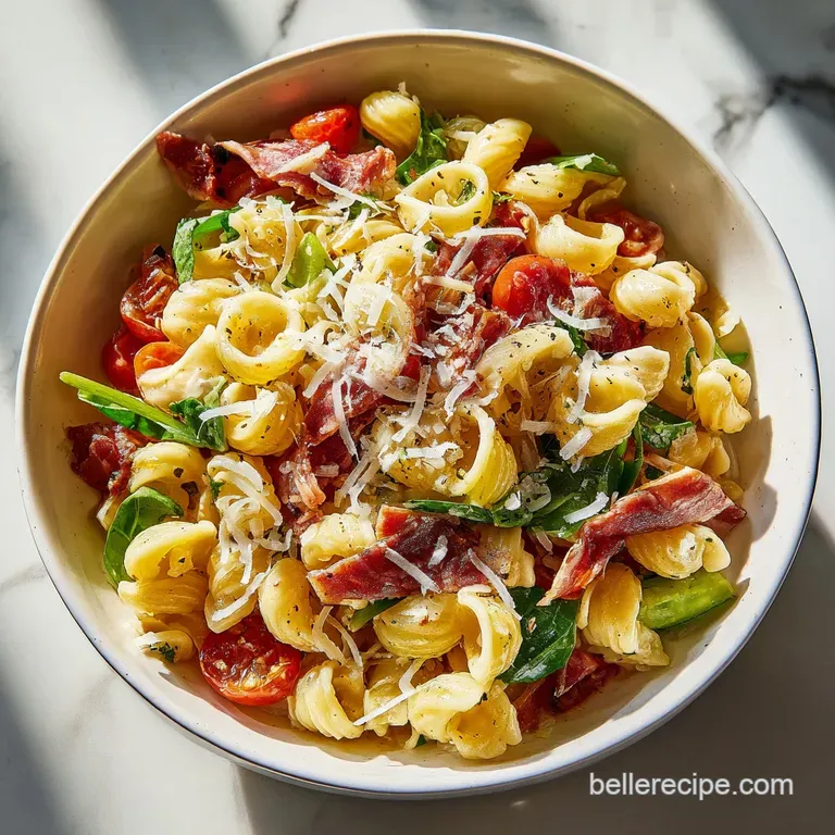 An elegant bowl piled high with colorful pasta salad, featuring glistening olives and fresh, leafy greens.