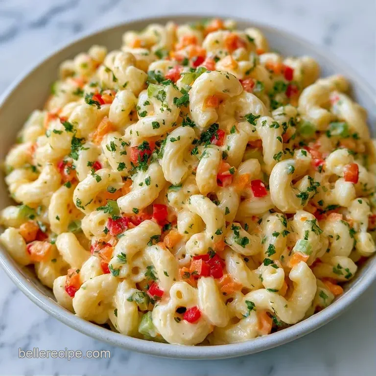 A chilled scoop of creamy pasta salad garnished with a sprinkle of red paprika on a minimalist ceramic plate.