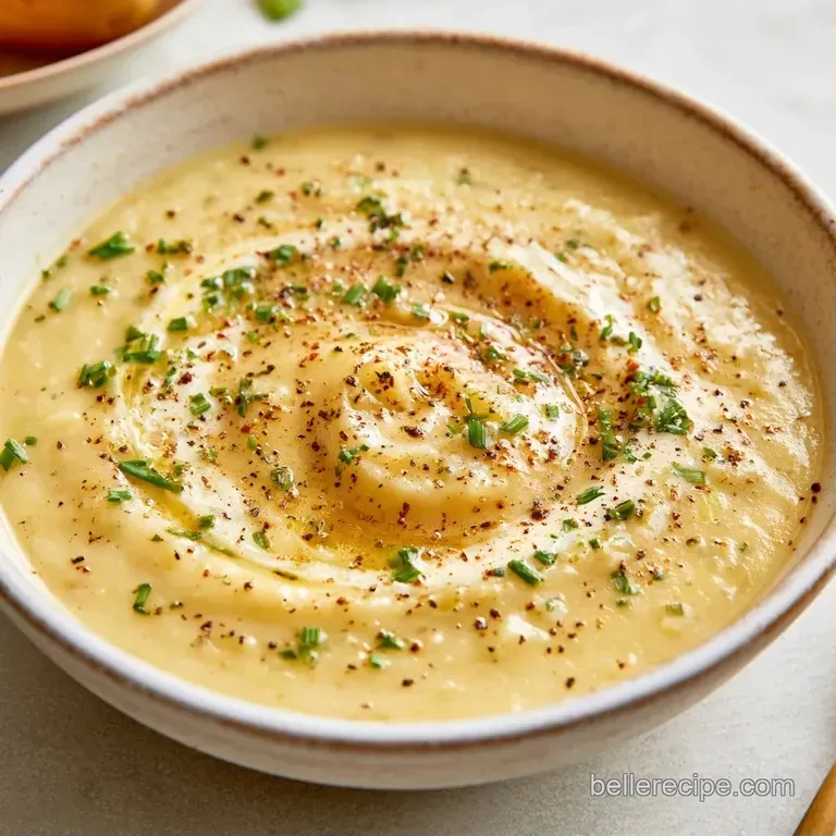 Smooth white puree in a modern bowl garnished with microgreens and a golden drizzle of olive oil on a linen cloth.