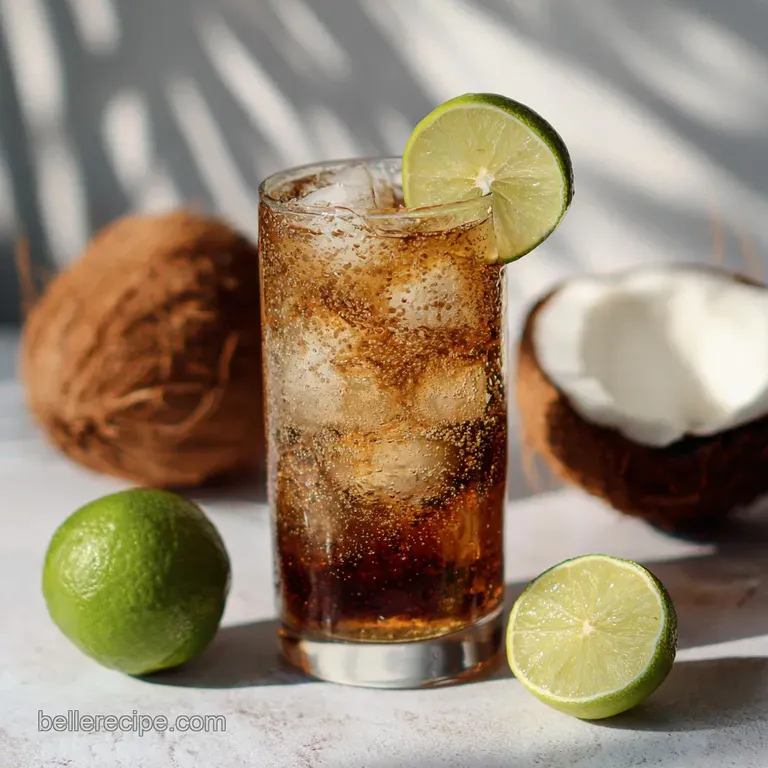 Elegant glass with ice, coconut cream, and bubbly soda. A thin lime wheel sits on the rim, showcasing a cool, refreshing p...