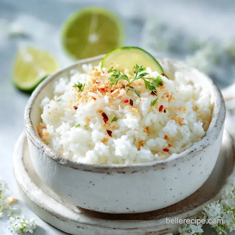 Elegant scoop of creamy coconut rice with toasted coconut flakes and a bright green cilantro sprig on a white plate. Soft,...