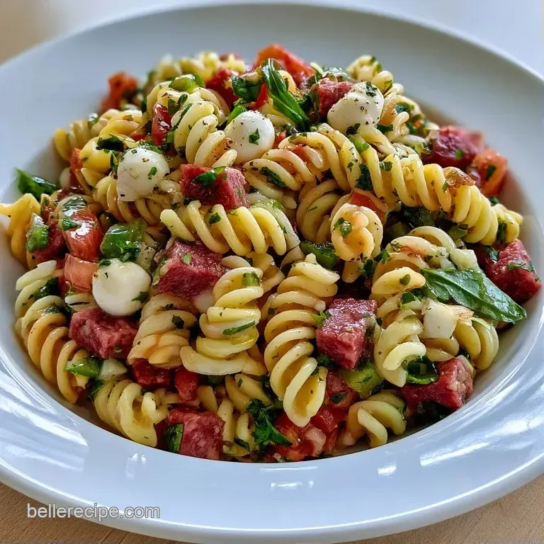 A chilled platter of tri-color pasta mixed with bright red tomatoes, white cheese pearls, and fresh green herbs.
