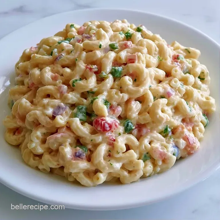 Chilled pasta salad served in a glass bowl, garnished with a sprinkle of paprika and freshly chopped parsley.