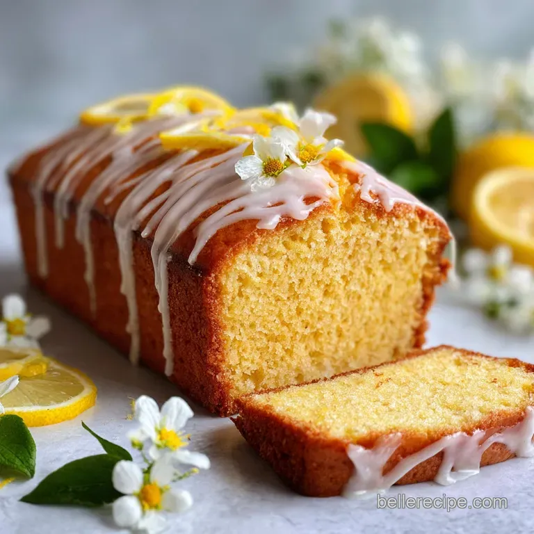 A thick slice of glazed lemon cake shows a moist crumb, the bright yellow contrasting against a white plate.