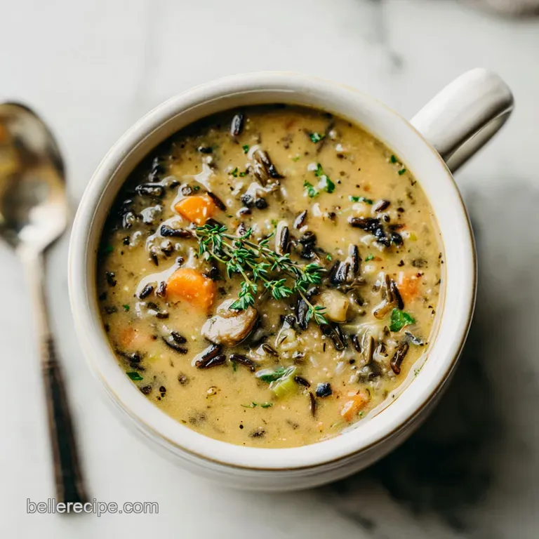 Creamy wild rice soup in a rustic bowl, garnished with fresh herbs, hinting at a comforting and elegant autumn meal.