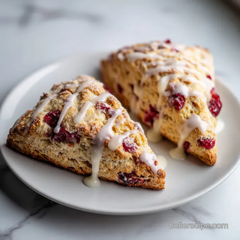 A trio of warm scones artfully arranged on a white plate, dusted with powdered sugar and fresh orange slices.