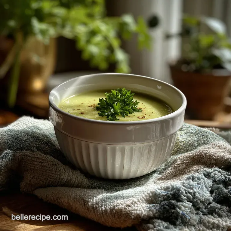 Elegant bowl of creamy celery soup, a swirl of cream and vibrant green herbs create a sophisticated, appetizing presentation.