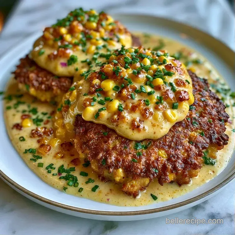 Three golden fried patties arranged on a smooth bed of yellow cream, finished with a sprinkle of fresh green herbs.