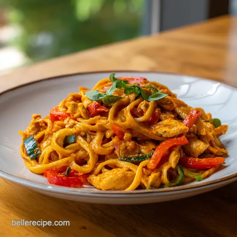 A white ceramic bowl filled with pasta in a rich, reddish cream sauce, topped with sliced green onions and black pepper.