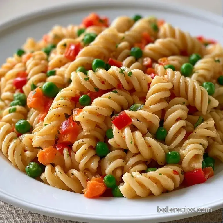 Chilled spiral pasta tossed with bright red peppers and green peas in a white ceramic bowl with a parsley garnish