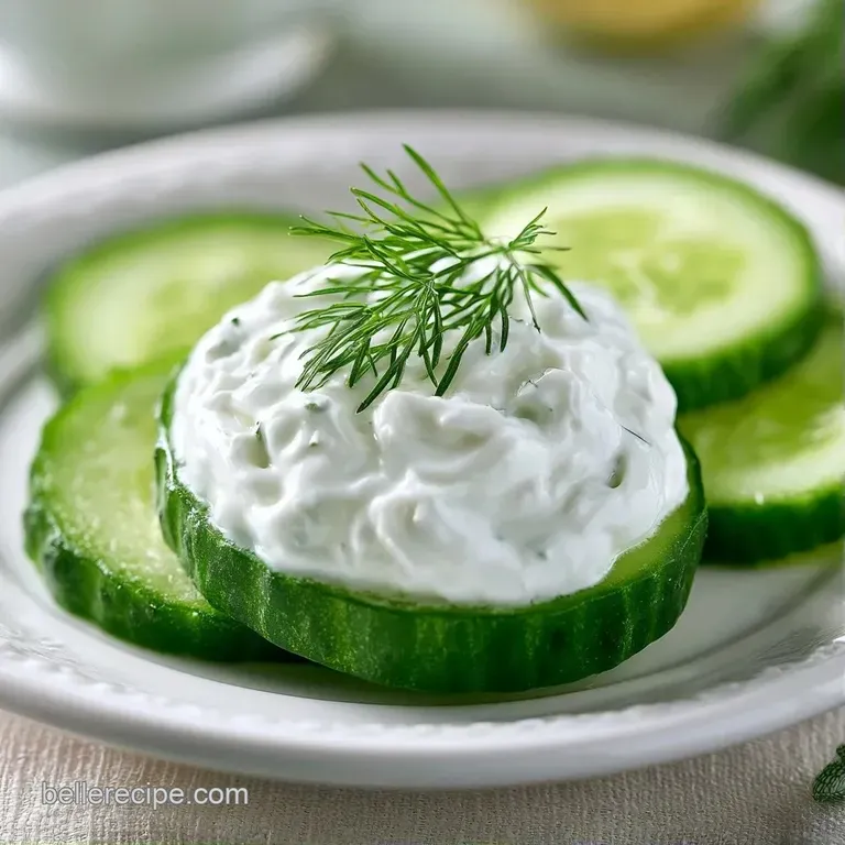 Neatly arranged rows of sliced cucumbers topped with savory cream and herbs on a minimalist white ceramic platter.