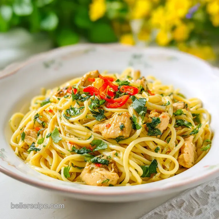 A forkful of al dente pasta with chicken, drizzled with glossy sauce, sits elegantly on a white plate.