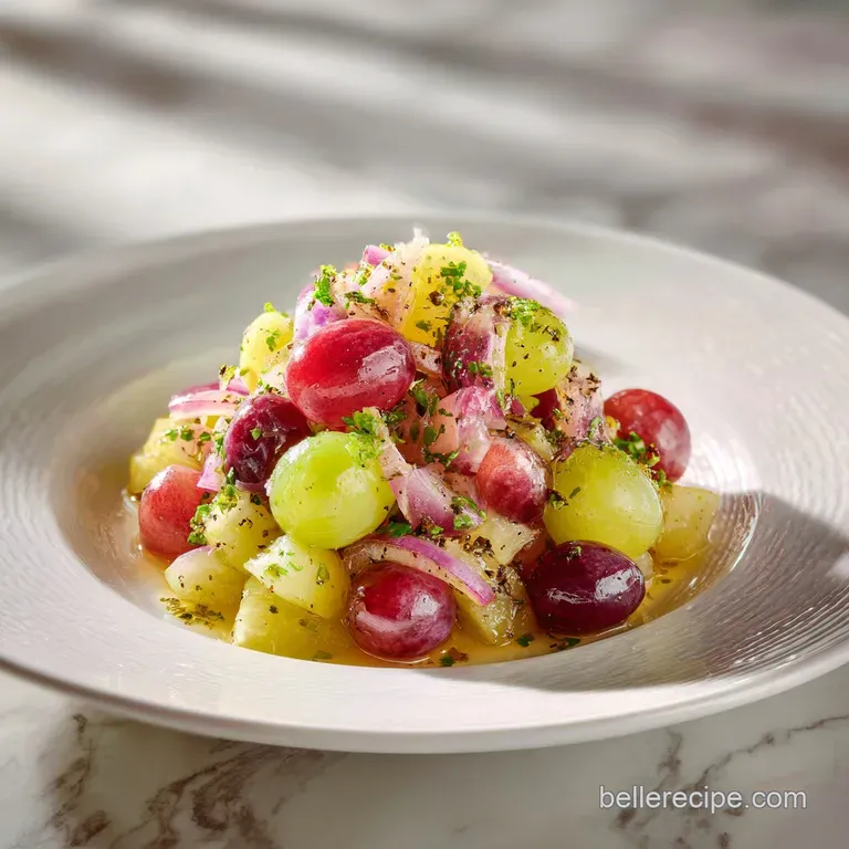 Individual ramekin of chilled grape salad. Juicy green grapes peek through the creamy dressing, topped with chopped pecans...