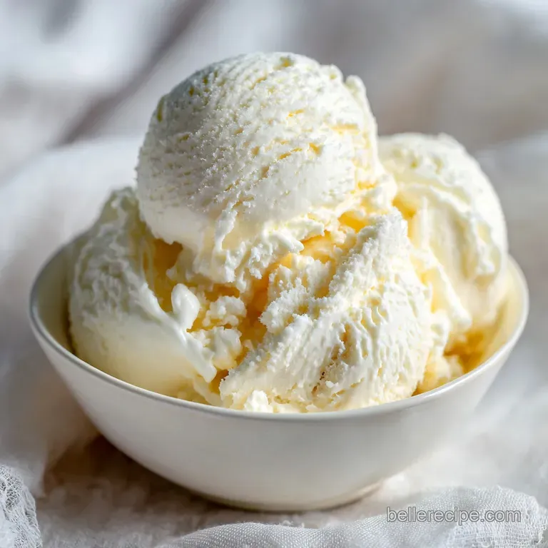 Single scoop of smooth, homemade vanilla ice cream melting slightly on a crisp waffle cone. Ready to eat, simple and tasty.