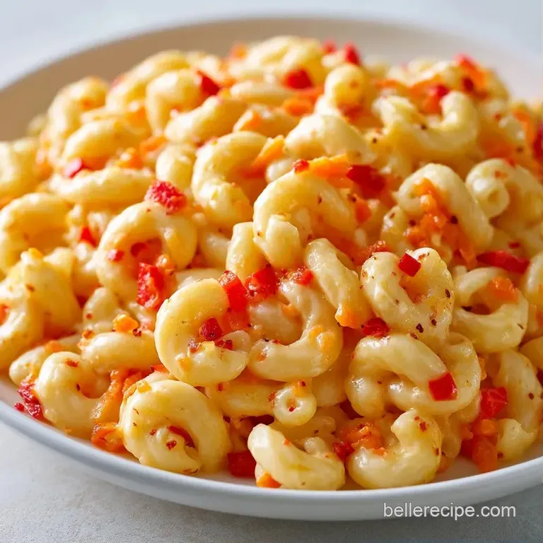 Vibrant diced vegetables mixed into a creamy pasta base, elegantly served in a shallow white bowl on a linen cloth.