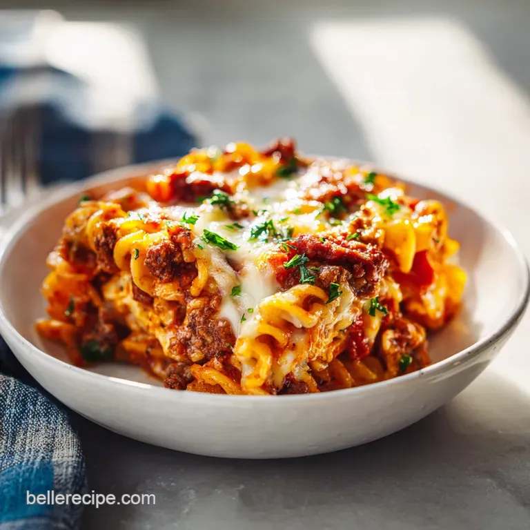 A generous scoop of cheesy pasta bake, glistening with sauce, on a rustic white plate.