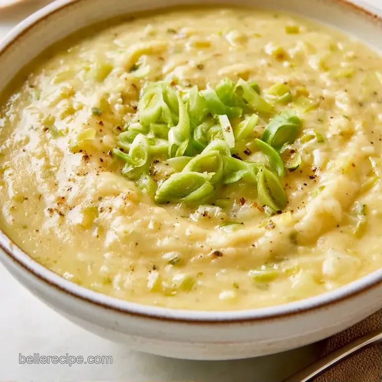 Smooth ivory soup in a minimalist white bowl paired with a toasted sourdough slice on a rustic wooden table.