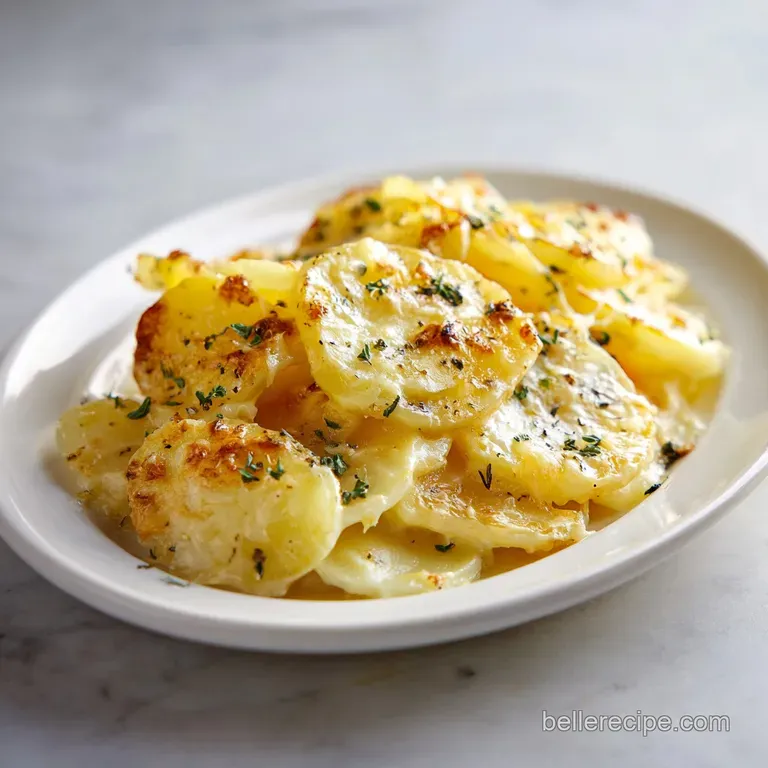 Creamy scalloped potatoes, served in a white dish, showing the rich, golden brown, bubbly texture, seasoned with fresh thyme.