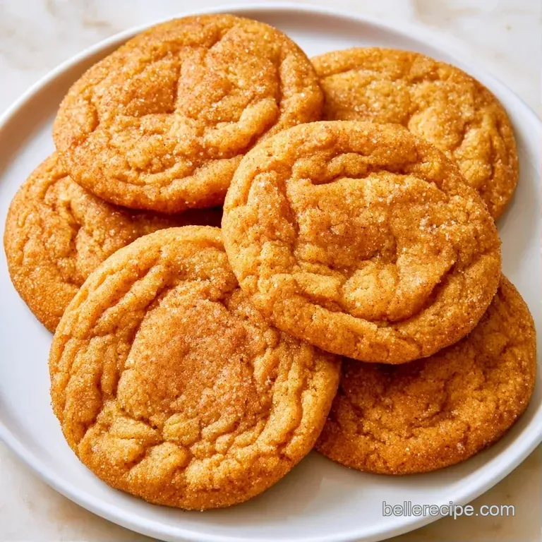 A neat stack of warm, orange-hued cookies on a white ceramic plate, dusted with a fine sprinkle of cinnamon.