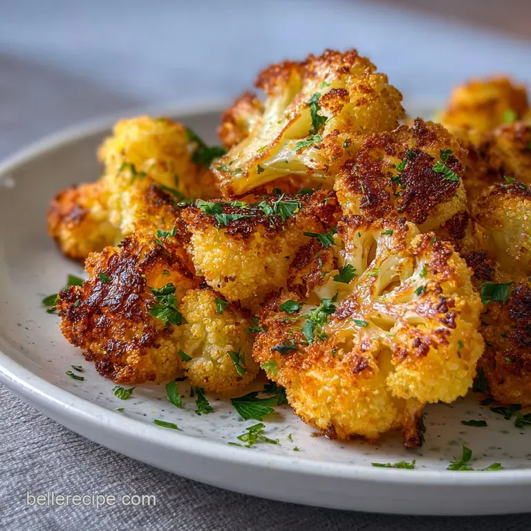 Perfectly arranged air-fried cauliflower with flecks of herbs on a bright white plate. Steam rises subtly, looking delicio...