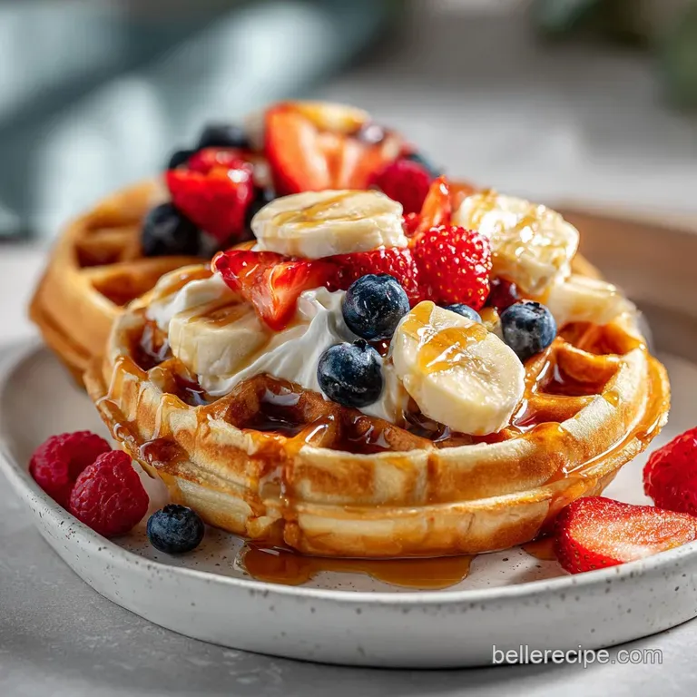 Stack of fluffy Belgian waffles topped with whipped cream, fresh strawberries, and a drizzle of rich maple syrup.
