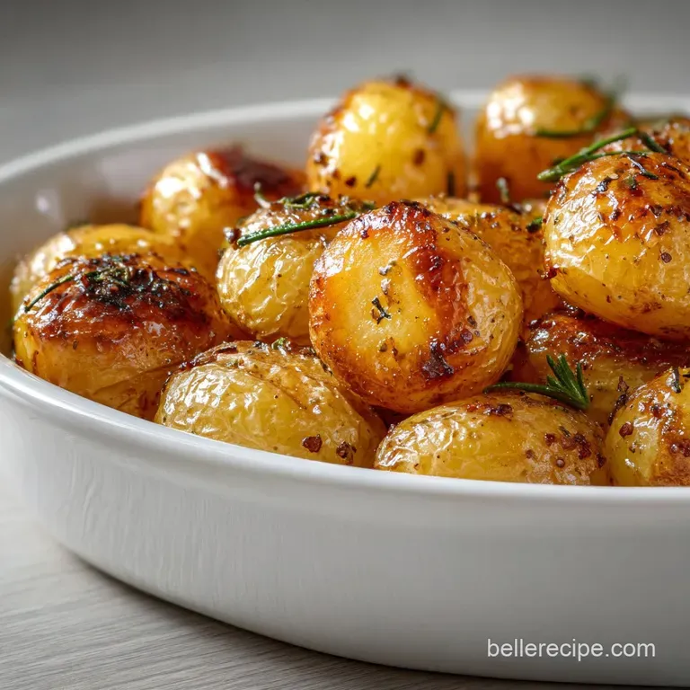 Perfectly browned baby potatoes arranged artfully on a white plate, steam rising. Garnished with vibrant green herbs and f...