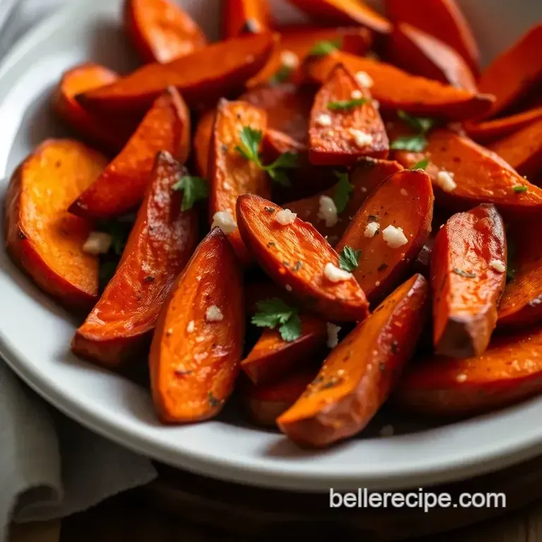 Crispy Roasted Red Sweet Potato Wedges with Thyme and Garlic presentation