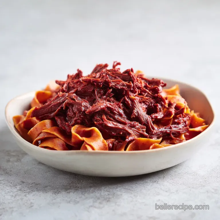 A swirl of al dente pasta coated in a deep red meat sauce, garnished with a sprig of basil on a white plate.