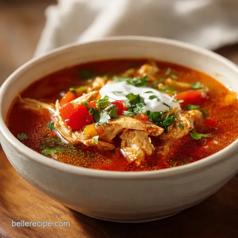 A steaming bowl of creamy fajita soup, topped with shredded cheese, a dollop of sour cream, and fresh cilantro.