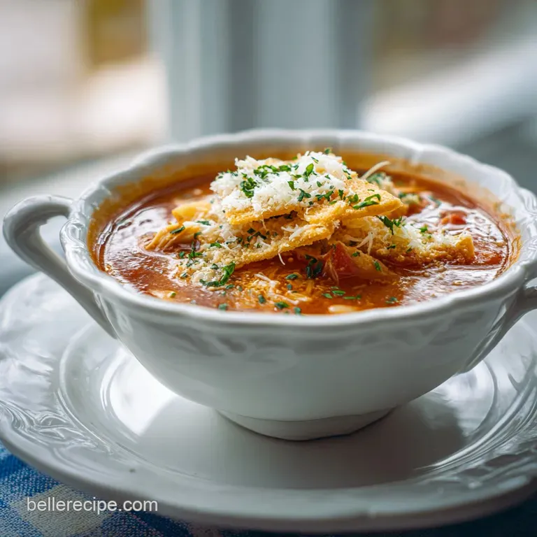 A steaming bowl of rich, cheesy chicken parmesan soup topped with melted mozzarella shreds and parsley.