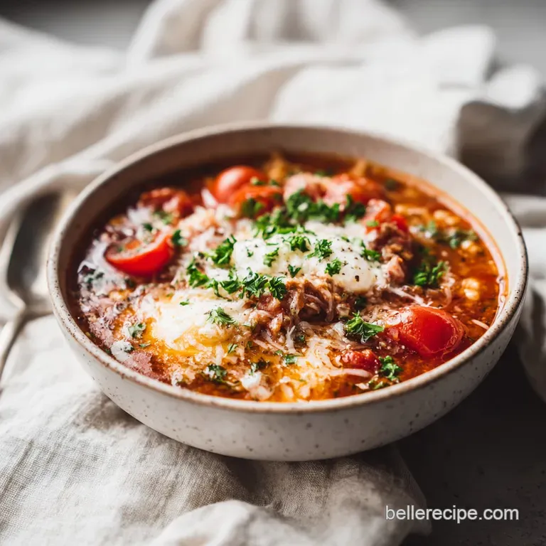 A steaming bowl of rich lasagna soup, adorned with curly pasta, vibrant red sauce, and dollops of creamy ricotta.