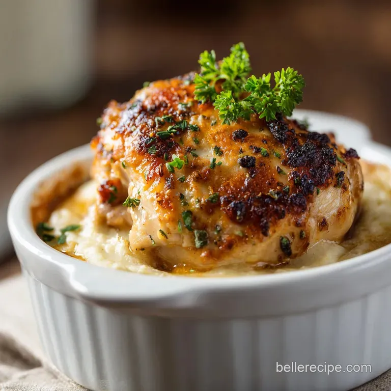 Tender, shredded chicken in a rich, velvety sauce, artfully plated with fresh parsley garnish.