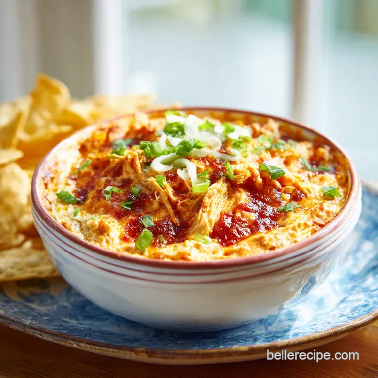 Scoops of warm, shredded chicken dip on a white plate, surrounded by vibrant celery sticks & crunchy tortilla chips. Tangy...