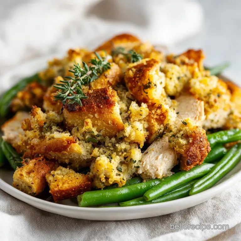 A neat scoop of buttery herb stuffing topped with juicy chicken and fresh parsley on a minimalist white ceramic plate.