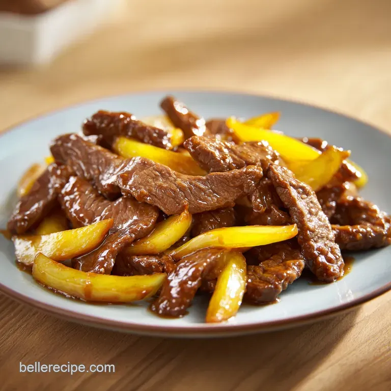 Tender beef strips and colorful peppers artfully arranged over fluffy white rice with a rich, shimmering glaze.