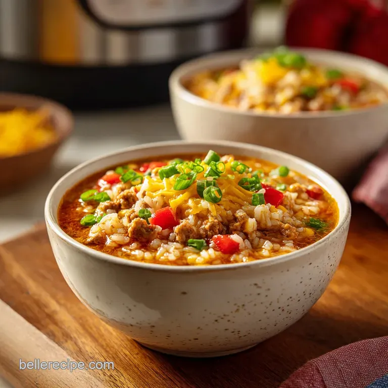 A generous bowl of chunky taco rice soup, topped with a dollop of cool sour cream and a sprinkle of bright cilantro.